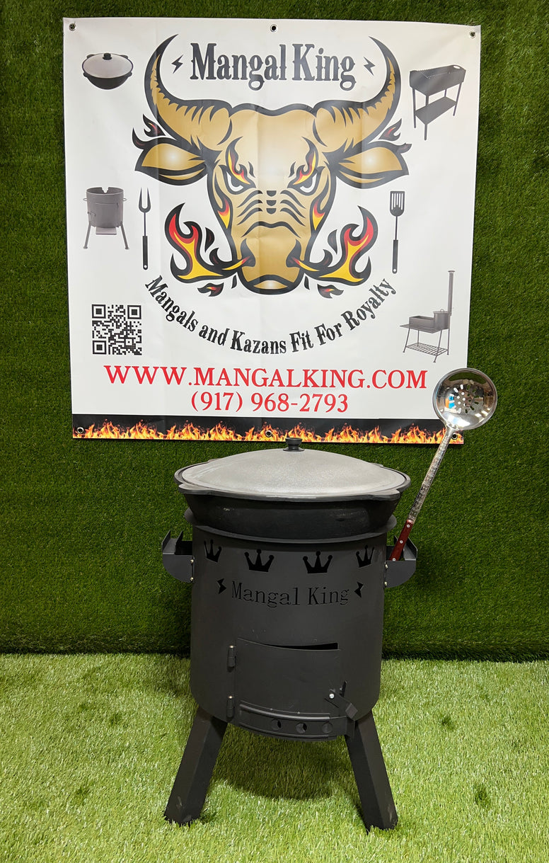 Deluxe set Uchag Oshton wood burning oven included 22 liter Cast iron Kazan and Skimmer spoon for making Plov by Mangal King