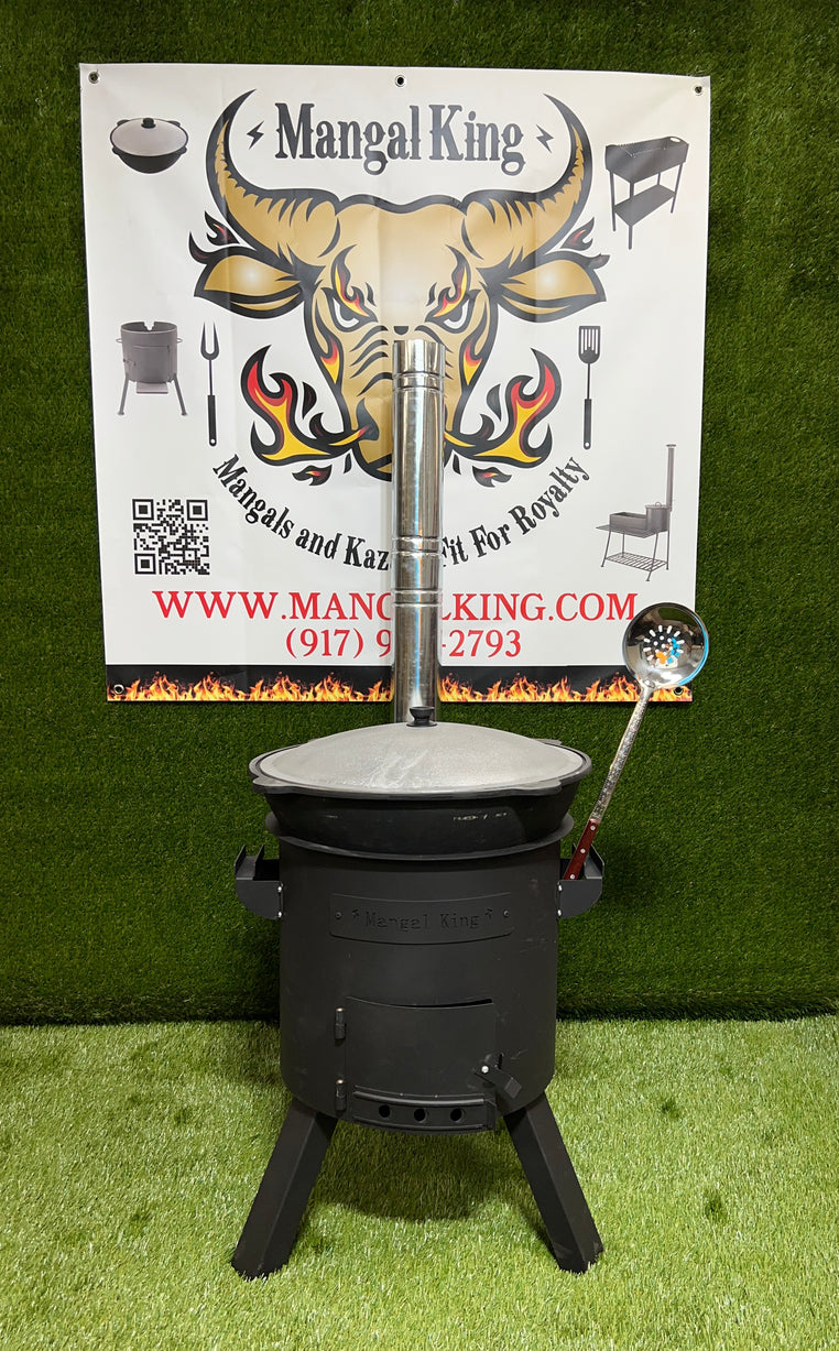 Deluxe set Uchag Oshton chimney system with damper wood burning oven included 22 liter Cast iron Kazan and Skimmer spoon for making Plov by Mangal King